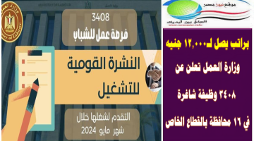 براتب يصل لـ12.000 جنيه .. وزارة العمل تعلن عن 3408 وظيفة شاغرة في 16 محافظة بالقطاع الخاص